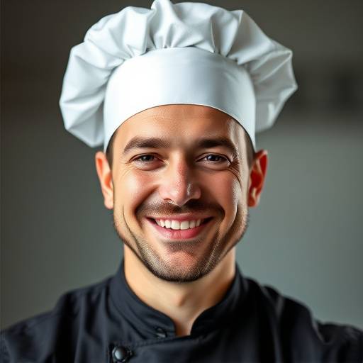Portrait de Chef Dubois, souriant et portant une toque de pâtissier.